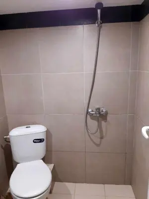 a bathroom with a shower with a white toilet at Апартамент Стар стил Old style in Raduil