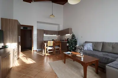 a living room with a couch and a table at Pirin Golf Mountain View Retreat in Razlog