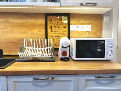 a kitchen counter with a microwave and a mixer at Beautifully Decorated Functional Apartment in Sofia