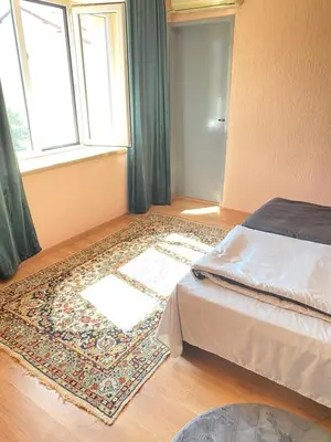 a bedroom with a bed and a rug on the floor at Апартамент за гости Байрактарова in Smolyan