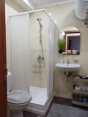 a bathroom with a shower and a toilet and a sink at Ski Lift Apartment - Complex Gramadeto Bansko in Bansko