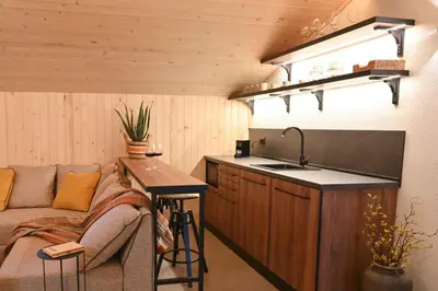 a kitchen with a couch and a sink in a room at Marand Boutique Apartments in Bansko