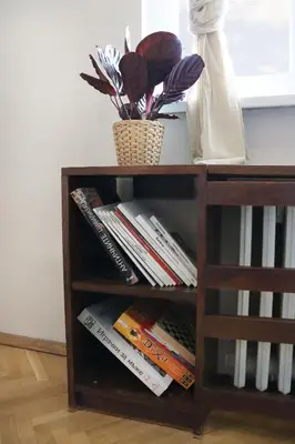 a book shelf with books and a potted plant at Spacious and Central Vintage - Modern Apartment in Sofia
