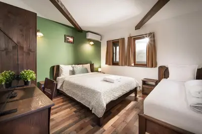 two beds in a room with green walls at Vila Toplika in Kara Agach