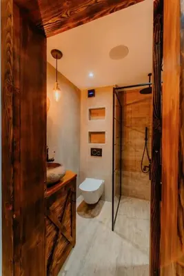 a bathroom with a shower and a toilet and a sink at The Owl's Nest 2 in Velingrad