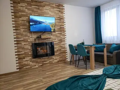 a living room with a fireplace and a tv on a brick wall at Forest View Studio D25 in Borovets
