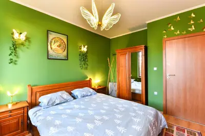 a bedroom with a bed with green walls and butterflies at Cedar Lodge III One BDRM Flat B2 in Bansko