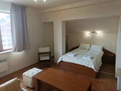 a bedroom with a bed and a table and a window at Ski holiday in Lucky Pamporovo in Pamporovo