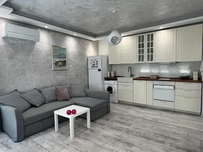 a living room with a couch and a kitchen at Cozy and modern apartment Krasno selo, free parking in Sofia
