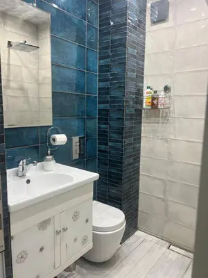 a bathroom with a toilet and a sink and a shower at Cozy and modern apartment Krasno selo, free parking in Sofia