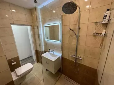 a bathroom with a shower and a toilet and a sink at Къщата на Анхел in Sofia