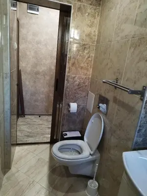 a bathroom with a toilet and a shower at Heart of Pernik apartment in Pernik