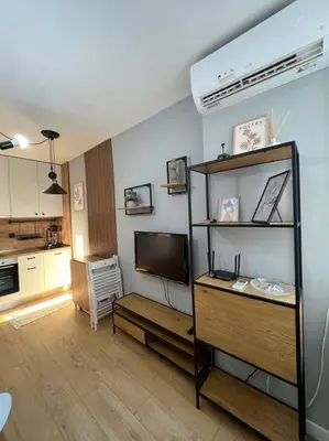 a living room with a television and a kitchen at Cozy Boutique Apartment in Plovdiv in Plovdiv