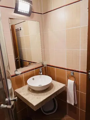 a bathroom with a sink and a mirror at Mountain Cedar Pine 1 BR Apt near Ski Gondola in Bansko
