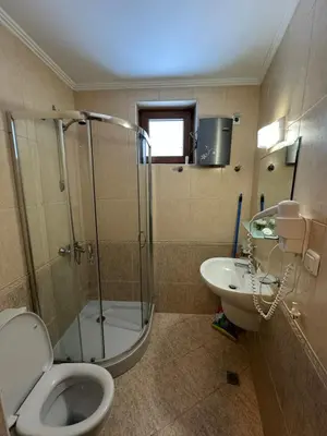 a bathroom with a shower and a toilet and a sink at Grand Monastery Private Apartment in Pamporovo in Pamporovo