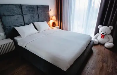 a large bed with a teddy bear sitting next to a window at Elegant Living Apartment 2 in Sofia