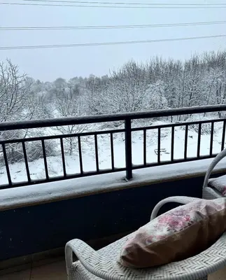 a balcony with a chair and a view of snow covered trees at Elegant Living Apartment 2 in Sofia