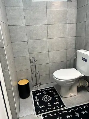 a bathroom with a toilet and a black and white rug at Pirotska Modern Room in Sofia