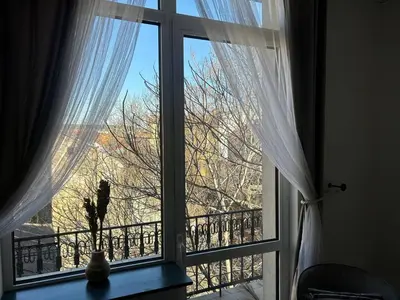 a window with a view of a tree at Pirostka Vintage Room in Sofia