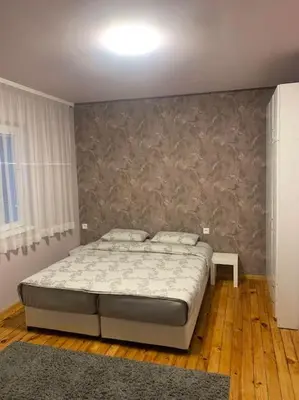 a bedroom with a bed and a wall at Lena in Sofia