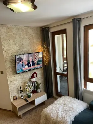 a living room with a tv on a brick wall at Elizi winter apartments Pamporovo in Pamporovo