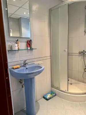 a bathroom with a sink and a shower at Уникален апартамент с изглед към планината in Bansko