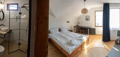 a bedroom with a bed and a glass shower at Eight Rooms Bansko in Bansko