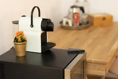 a coffee maker on top of a counter with a plant at Luxury rooms 12-1 in Plovdiv