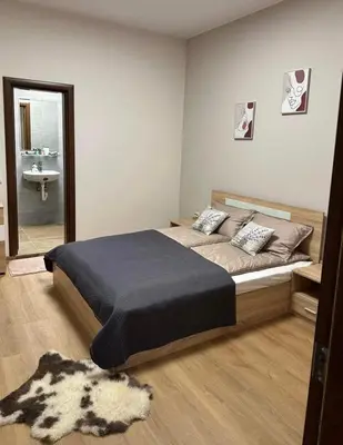 a bedroom with a large bed and a mirror at Apart-Hotel Crown Bansko in Bansko