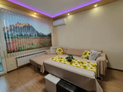 a room with a bed and a couch and a painting at Newly renovated 2 bedroom apartment in Sofia in Sofia