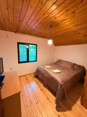 a bedroom with a bed and a wooden ceiling at Villa Gusto, 3km from Pamporovo in Pamporovo