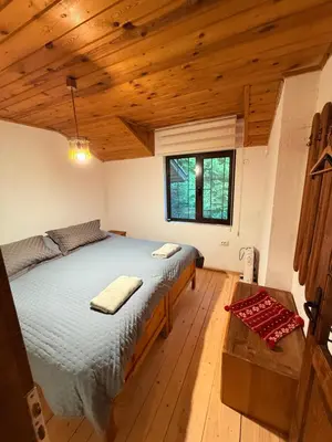 a bedroom with a large bed in a room with wooden ceilings at Villa Gusto, 3km from Pamporovo in Pamporovo