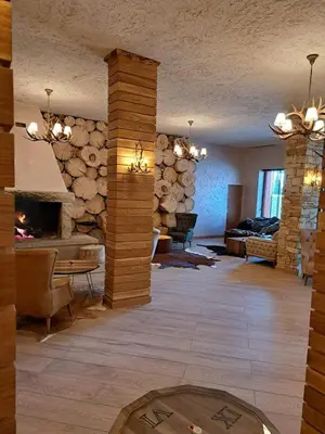 a large living room with a stone wall at Студио Орфееви Скали in Pamporovo