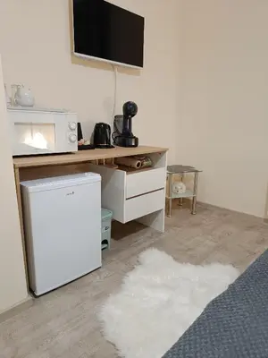 a living room with a refrigerator and a tv at Студио Орфееви Скали in Pamporovo