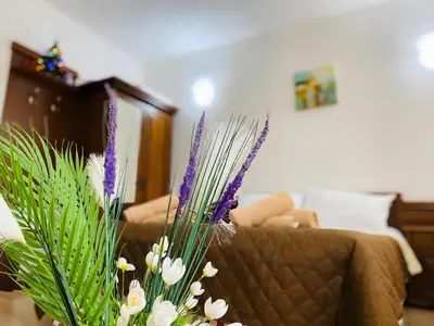 a vase filled with purple and white flowers next to a couch at Studio Elegance Pamporovo in Pamporovo