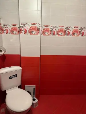 a bathroom with a toilet and red and white tiles at Къща за гости Арнаудови in Kostandovo