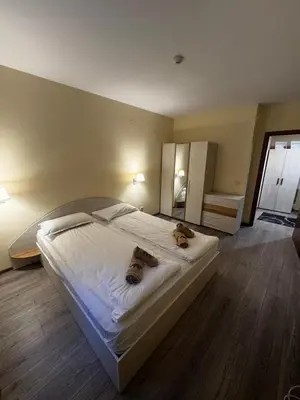 a bedroom with a bed with two cats laying on it at Forest Apartment/ Villa Park in Borovets
