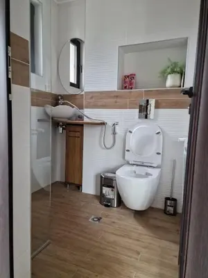 a bathroom with a toilet and a sink and a mirror at Rodopi Guest House in Tsigov Chark