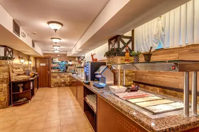 a restaurant kitchen with a counter and a counter top at Dream View Apartments in Pamporovo