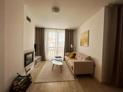 a living room with a couch and a fireplace at Bansko Ski Resort Apartment 2-3 people in Bansko