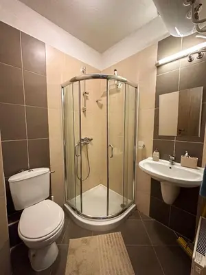 a bathroom with a shower and a toilet and a sink at Bansko Ski Resort Apartment 2-3 people in Bansko