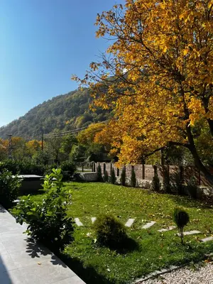 a garden with a hill in the background at Valmont Luxury Chalet in Glozhene