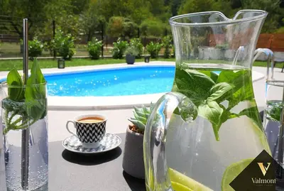 a pitcher of water with a lemon and a cup of coffee at Valmont Luxury Chalet in Glozhene