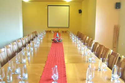 a large conference room with a long table with a red carpet at Хотел Дикас in Smolyan
