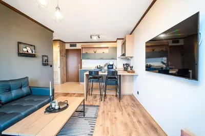 a living room with a couch and a kitchen at Bansko Best View Apartment in Bansko