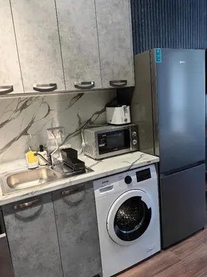 a kitchen with a washing machine and a microwave at Luxury Apartment/Studio in Plovdiv