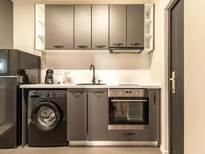 a kitchen with a washer and a sink and a dishwasher at Trocadero Touch: Sofia Hideaway in Sofia