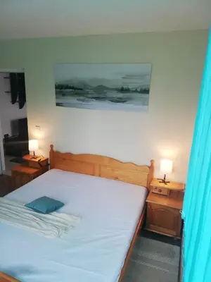 a bedroom with a bed with a blue pillow on it at Апартамент ВалАнди in Samokov