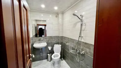 a bathroom with a toilet and a sink and a shower at Къща за гости Михаела in Chepelare