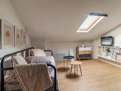 a living room with a bed and a skylight at Eagle's Nest - Sofia Central Studio in Sofia